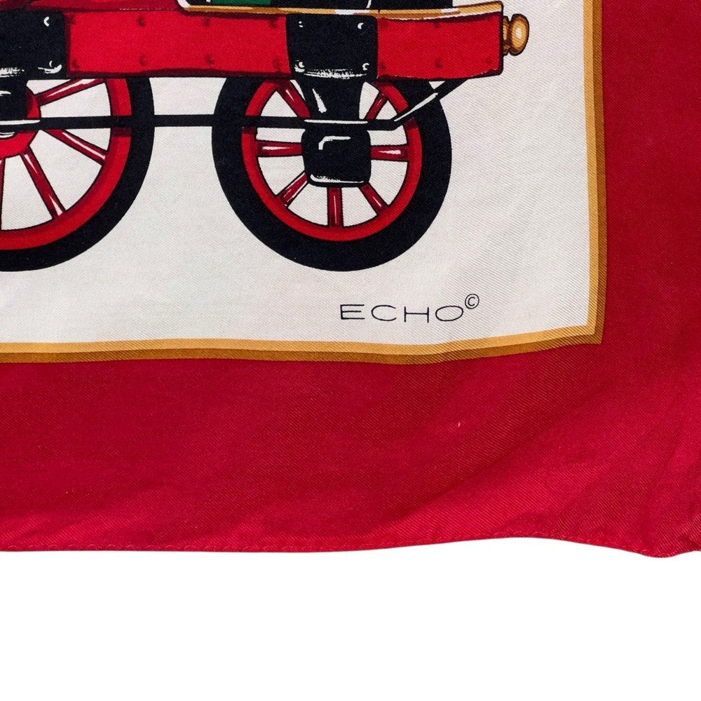 Vintage Echo Silk Scarf Christmas Toys Train Teddy Bear Rocking Horse Red Border - Picture 11 of 13